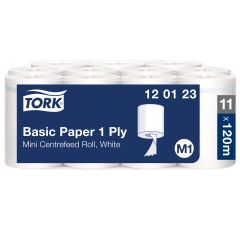 Tork M1 Aftørringspapir Mini Basic 1 lag, Hvid - 11 Rl/krt.