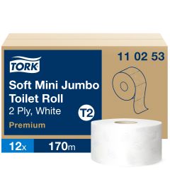 Tork T2 Soft Mini Jumbo Toiletpapir 2 lag Hvid - 12 Rl/krt.