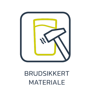 Stærkt og brudsikkert materiale Ikon som forestiller en hammer, som prøver at ødelægge et glas, med teksten "Brudsikkert materiale"