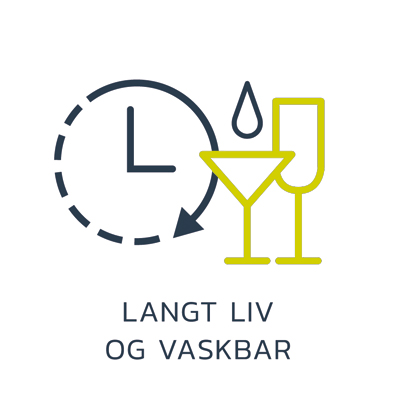 Lang levetid ikon med et ur og to glas, som symboliserer at glassene har lang levetid, med teksten "Langt liv & vaskbar"