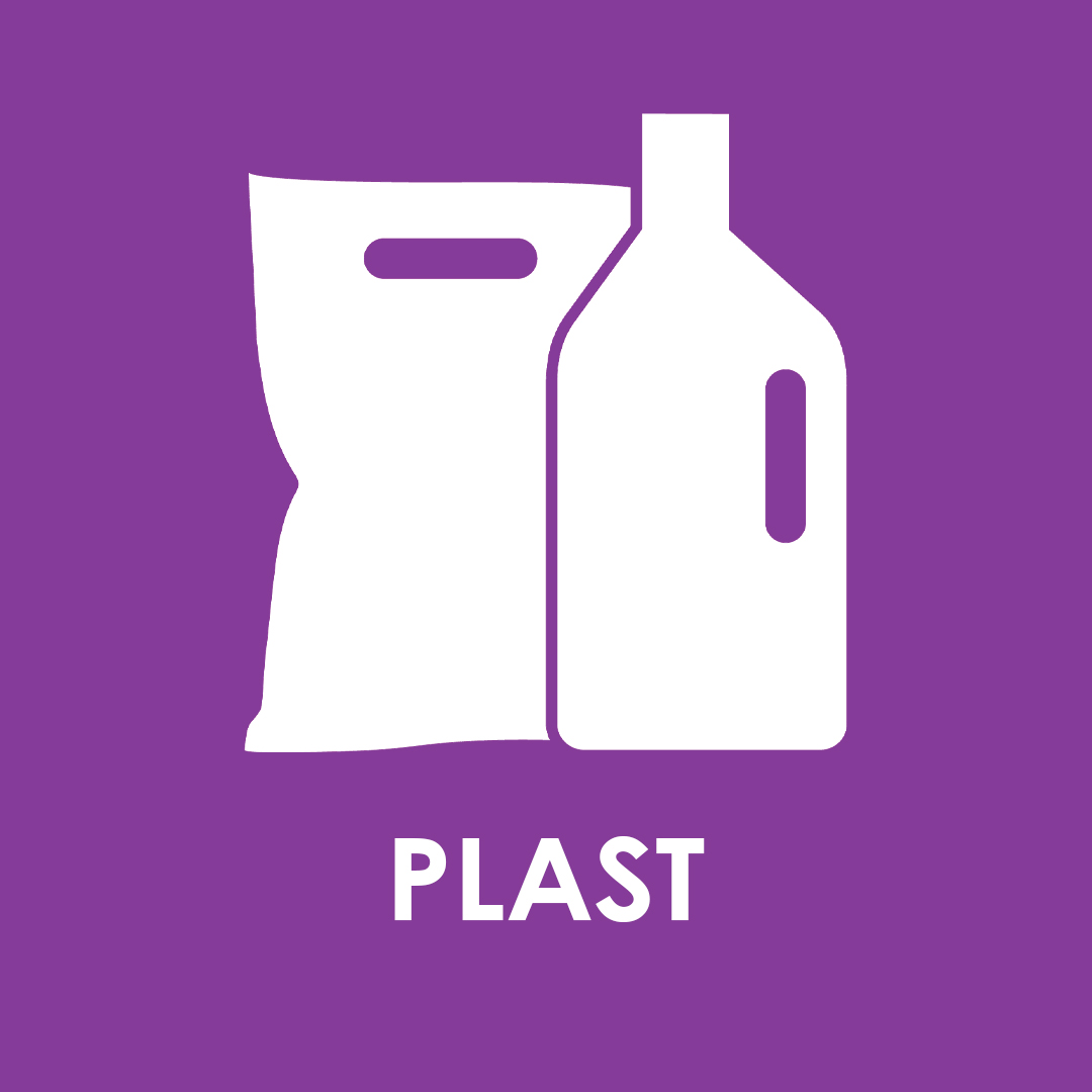Plastpose- og flaske på lilla baggrund som symboliserer plastaffald Piktogram af plastaffald